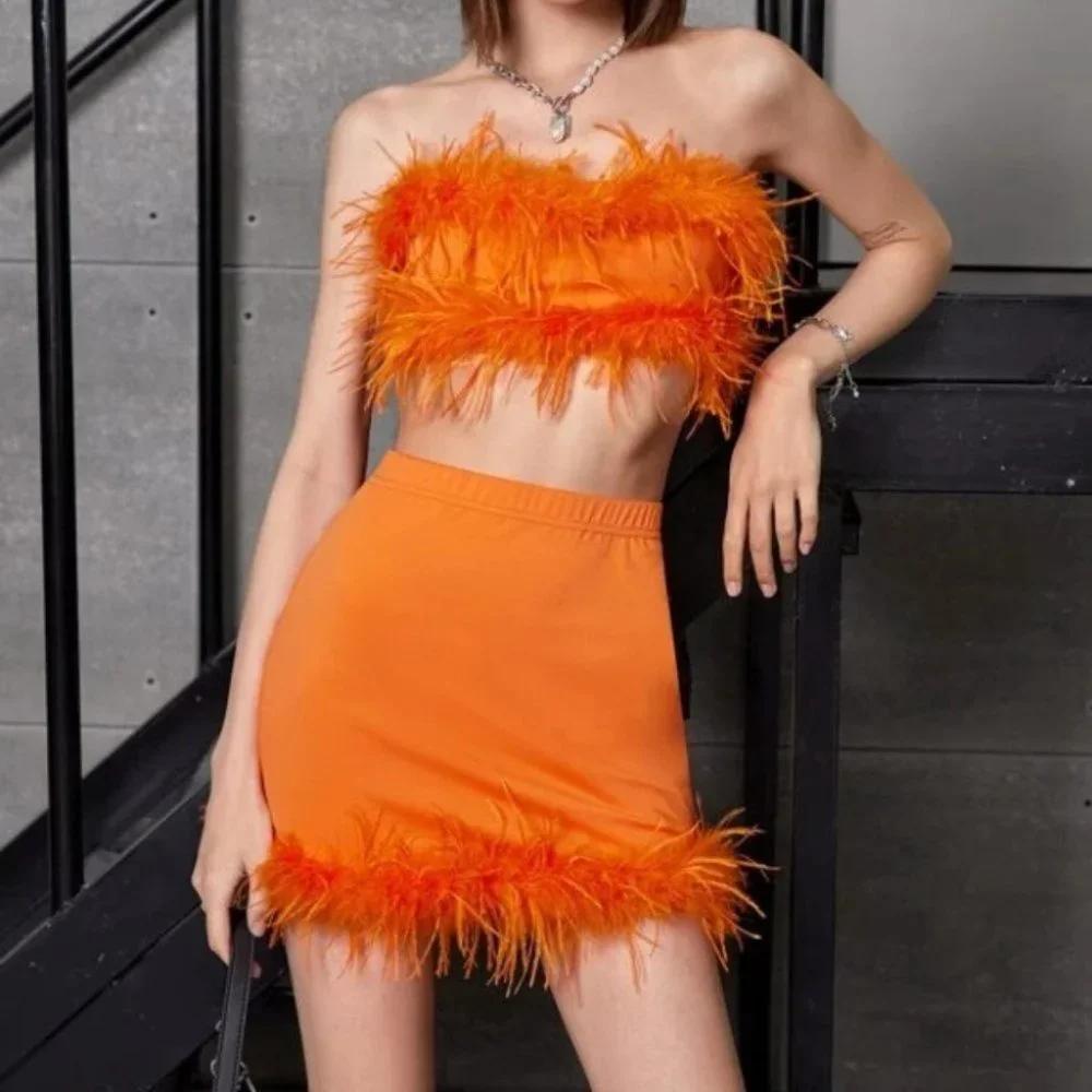 Feather trimmed Mini Skirt and Crop top Orange - Picture 4 of 6